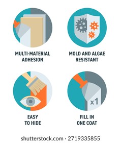 Spackling ou outro conjunto de ícones de propriedades de material adesivo - adesão multi-material, molde e algas resistentes, Fácil de esconder, Preencha um casaco. Pictogramas para rotulagem em cores planas
