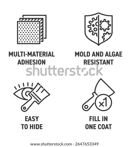 Spackling or other adhesive material properties icons set - Multi-material adhesion, mold and algae resistant, Easy to hide, Fill in one coat. Pictograms for labeling in bold line