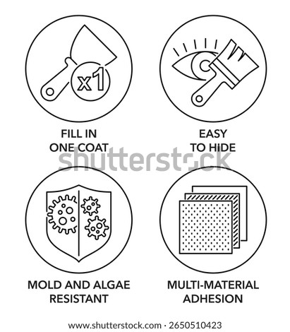 Spackling or other adhesive material properties icons set - Multi-material adhesion, mold and algae resistant, Easy to hide, Fill in one coat. Pictograms for labeling in thin line and circle shape