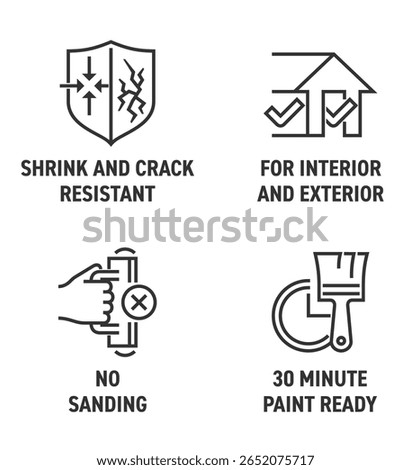 Spackling or other adhesive material properties icons set - 30 minute paint ready, No sanding, For Interior and Exterior, Shrink and Crack Resistant. Pictograms for labeling in bold line