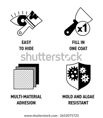 Spackling or other adhesive material properties icons set - Multi-material adhesion, mold and algae resistant, Easy to hide, Fill in one coat. Pictograms for labeling in thin line and circle shape