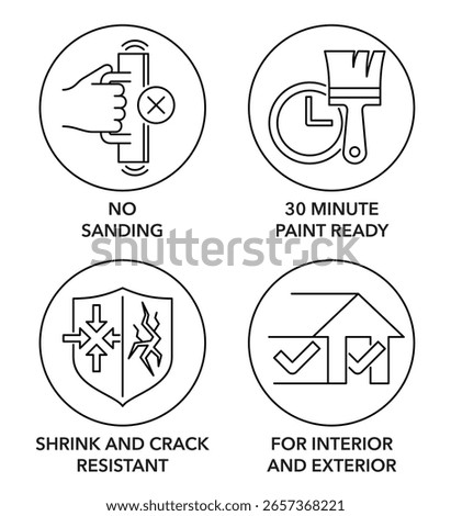 Spackling or other adhesive material properties icons set - 30 minute paint ready, No sanding, For Interior and Exterior, Shrink and Crack Resistant. Pictograms for labeling in thin line and circle