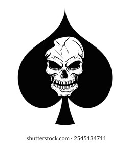 Spade black skull illustration hand drawn woodcut engraving style element for tattoos and apparel design isolated white background