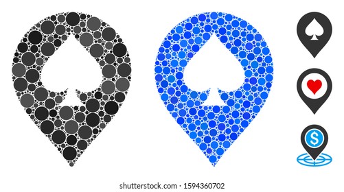 Spade casino marker composition of round dots in variable sizes and color tinges, based on spade casino marker icon. Vector round dots are grouped into blue composition.