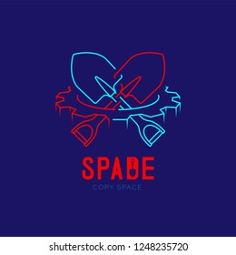Spade cross in gear frame logo icon outline stroke set dash line design illustration isolated on dark blue background with Spade text and copy space