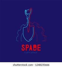 Spade with gear frame logo icon outline stroke set dash line design illustration isolated on dark blue background with Spade text and copy space