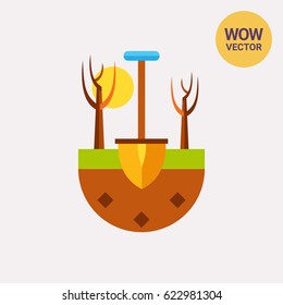 Spade in ground as gardening concept icon