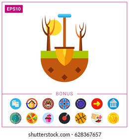 Spade in ground as gardening concept icon