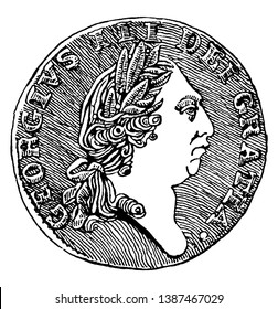 Spade Guinea Coined by George III, Obverse, the obverse of the coin carries George III's profile, vintage line drawing or engraving illustration