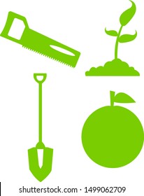 spade hacksaw sprout and apple set of logos on a white background