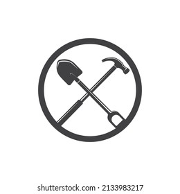 Spade and hammer building construction icon in a circle. Construction service logo, creative idea vector illustration.