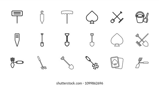 Spade icon. collection of 18 spade outline icons such as shovel and rake, spades, shovel, gardening tool. editable spade icons for web and mobile.