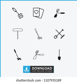 Spade icon. collection of 9 spade filled and outline icons such as shovel, shovel and rake, spades. editable spade icons for web and mobile.