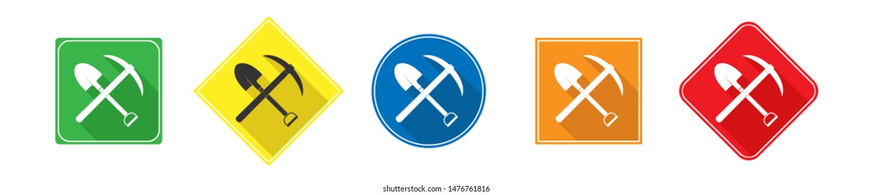 Spade icon and pickaxe icon on colored circle and square, long shadow
