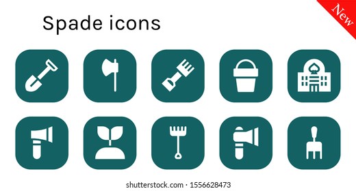 spade icon set. 10 filled spade icons.  Collection Of - Shovel, Axe, Rake, Sand bucket, Casino, Growing plant icons