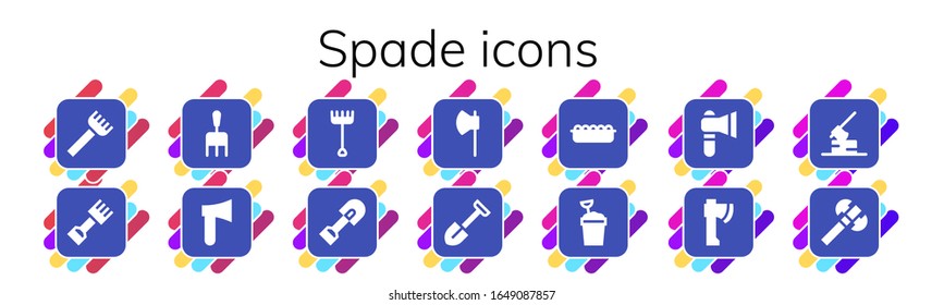 spade icon set. 14 filled spade icons.  Simple modern icons such as: Rake, Axe, Shovel, Sand, Sand bucket