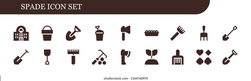 spade icon set. 18 filled spade icons.  Collection Of - Casino, Sand bucket, Shovel, Axe, Sand, Rake, Growing plant, Poker icons