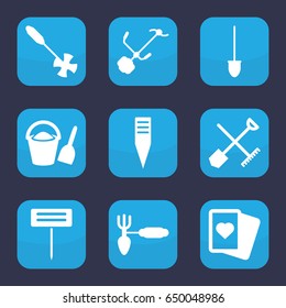 Spade icon. set of 9 filled spade icons such as shovel and rake, spades, gardening tool, shovel