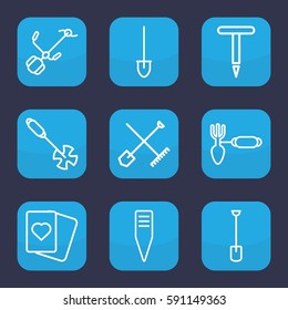 spade icon. Set of 9 outline spade icons such as shovel and rake, Spades, gardening tool