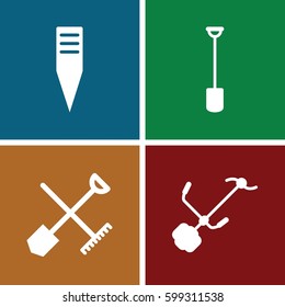 spade icons set. Set of 4 spade filled icons such as shovel and rake, shovel