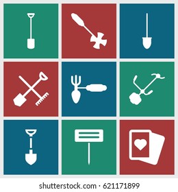 Spade icons set. set of 9 spade filled icons such as shovel and rake, Spades, shovel