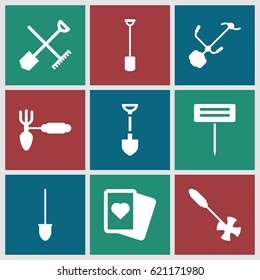 Spade icons set. set of 9 spade filled icons such as shovel and rake, Spades, shovel