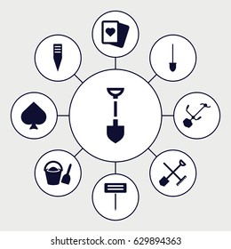 Spade icons set. set of 9 spade filled icons such as shovel and rake, spades, shovel, gardening tool