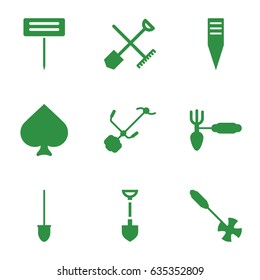 Spade icons set. set of 9 spade filled icons such as shovel and rake, spades, shovel