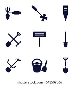 Spade icons set. set of 9 spade filled icons such as shovel and rake, shovel, gardening tool