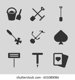 Spade icons set. set of 9 spade filled icons such as shovel and rake, spades, gardening tool, shovel