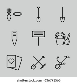 Spade icons set. set of 9 spade outline icons such as shovel and rake, spades, gardening tool, shovel