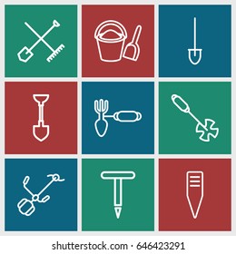Spade icons set. set of 9 spade outline icons such as shovel and rake, shovel, gardening tool
