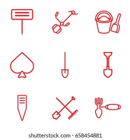 Spade icons set. set of 9 spade outline icons such as shovel and rake, spades, shovel, gardening tool