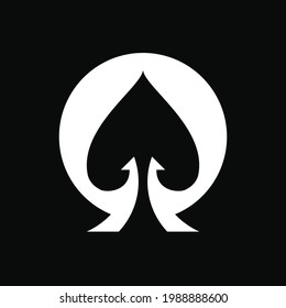 Spade and Omega Logo Concept. Minimalist Logotype. Monogram. Black and White. Abstract Logo. Icon, Symbol, Emblem and Sign. Outline