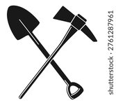 Spade and pick axe crossed over in a symbol of strength often used in industrial or mining sectors in black silhouette vector