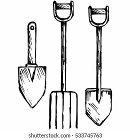 Spade and pitchfork, bayonet spade. Isolated on white background. Vector, doodle style