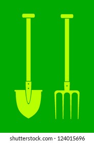 Spade and pitchfork on green background