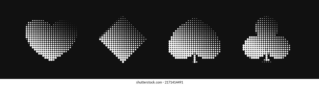 Spade Playing Card, Heart, Diamond, Club With Halftone Isolated On Black - Vector