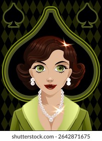 Spade poker girl , art deco card, vector illustration