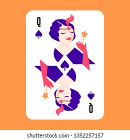 Spade Queen Modern Playing Card On Orange Background. Vector Illustration