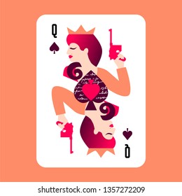 Spade Queen Modern Playing Card On Orange Background. Vector Illustration