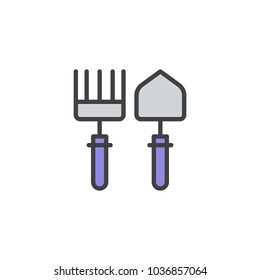 Spade and rake filled outline icon, line vector sign, linear colorful pictogram isolated on white. Gardening tools symbol, logo illustration. 