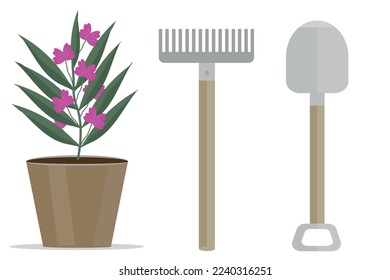 spade and rake and potted flowers set for agronomist growing plants farming