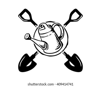spade shovel and watering can gardening equipment tool image vector