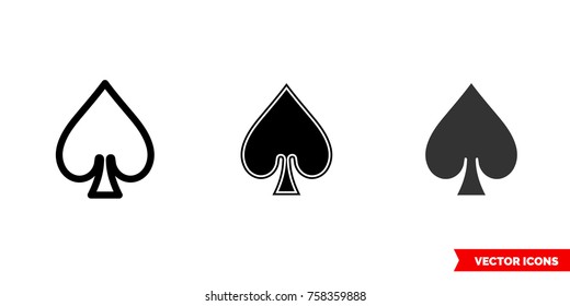 Spade suit icon of 3 types: color, black and white, outline. Isolated vector sign symbol.