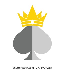Spade suit symbol split in two colors with a golden crown on top, royalty concept