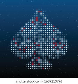 The spade symbol filled with white dots. Some dots is red. Vector illustration on blue background with stars