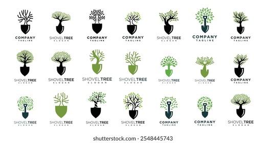 coleção de design de logotipo de árvore de espadas.conjunto de conceitos de logotipo de jardinagem spade e árvore da natureza	
