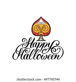 Spade vector illustration with Happy Halloween lettering. All Saints' Eve background. Festive logo design.