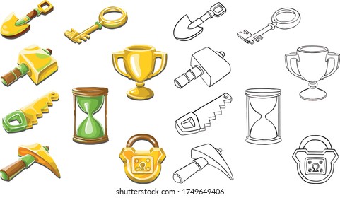 spade, watch, hammer, pickaxe, saw, key, lock
